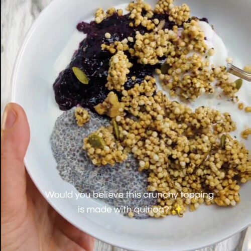 High-Protein Puffed Quinoa Crunch is a naturally protein-rich granola alternative made with puffed quinoa, nuts, seeds, maple syrup, and almond butter.