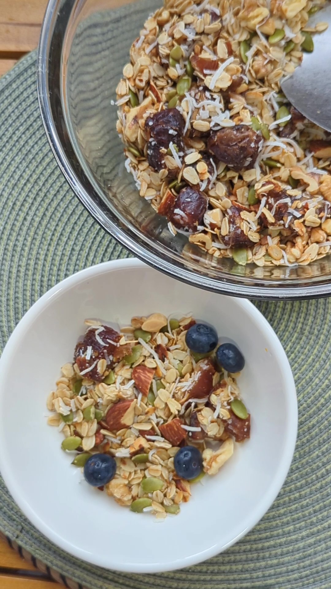 Crunchy homemade toasted muesli with oats, nuts, seeds, coconut, and dates in a bowl, perfect for a healthy make-ahead breakfast.