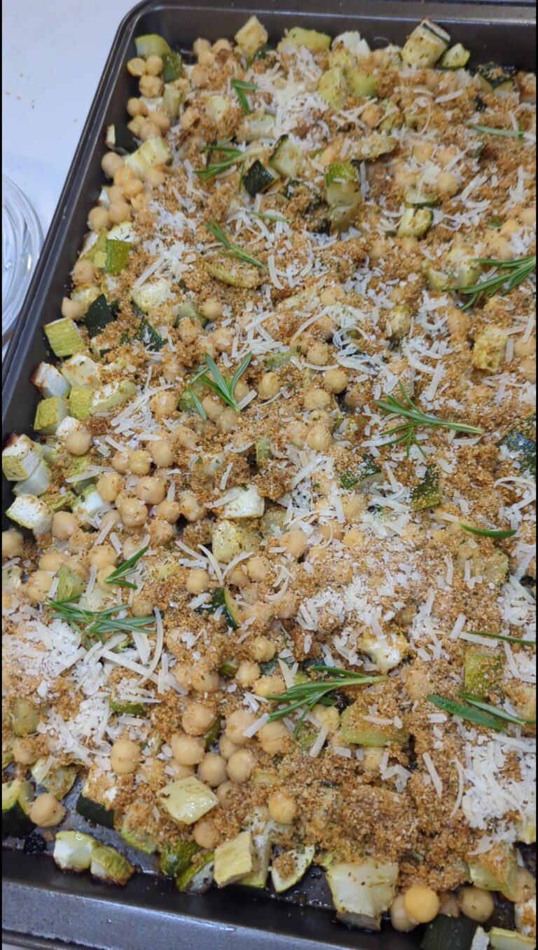 Bake the zucchini Add chickpeas Top with Parmesan breadcrumbs